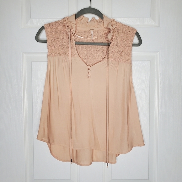 Free People Revolve Ruffle Me Up Pink Button Front Smocked V Neck Tank Top - Picture 3 of 8